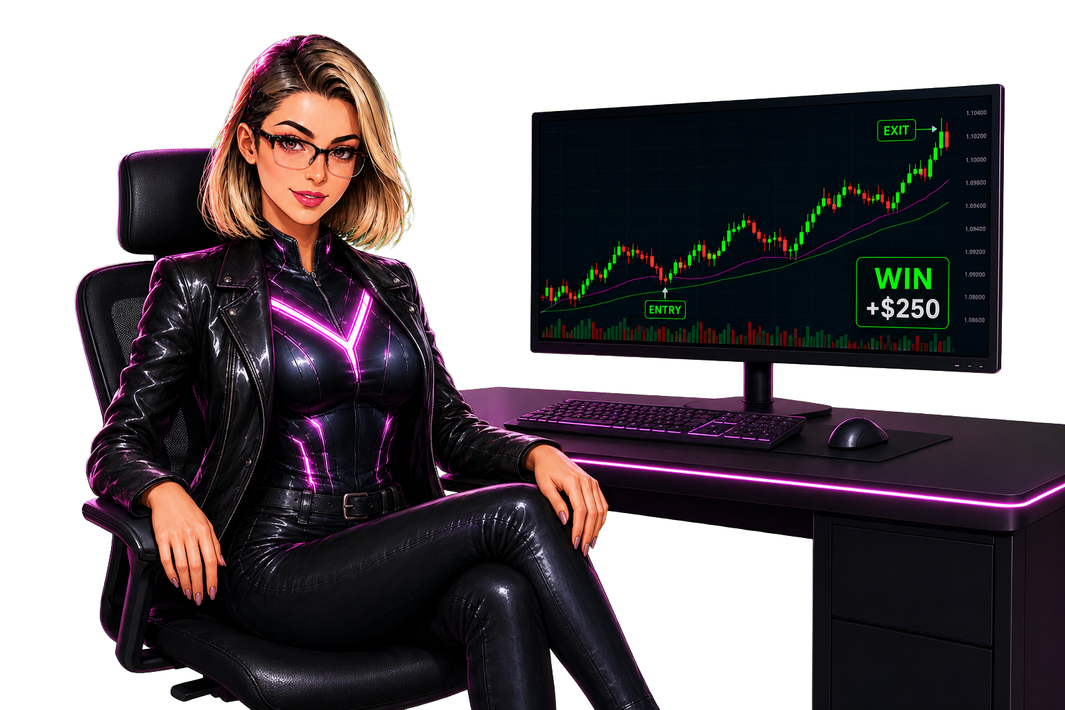 Avatar de Johanna junto a su estación de trading