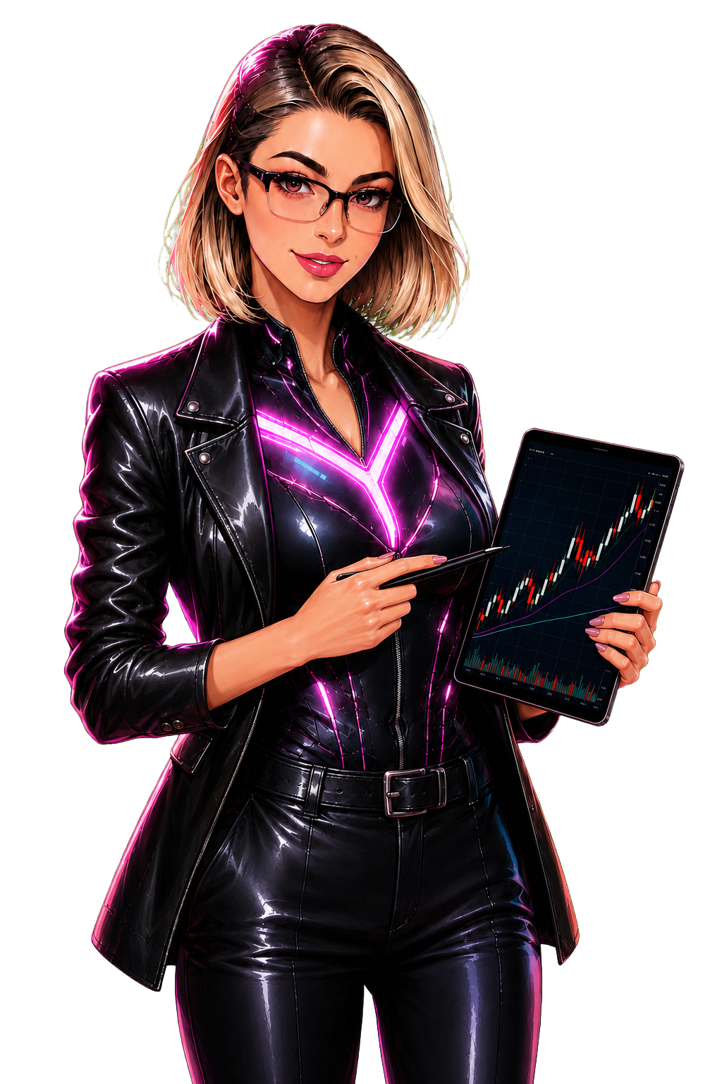 Avatar de Johanna Alegría con tablet y gráfico de trading